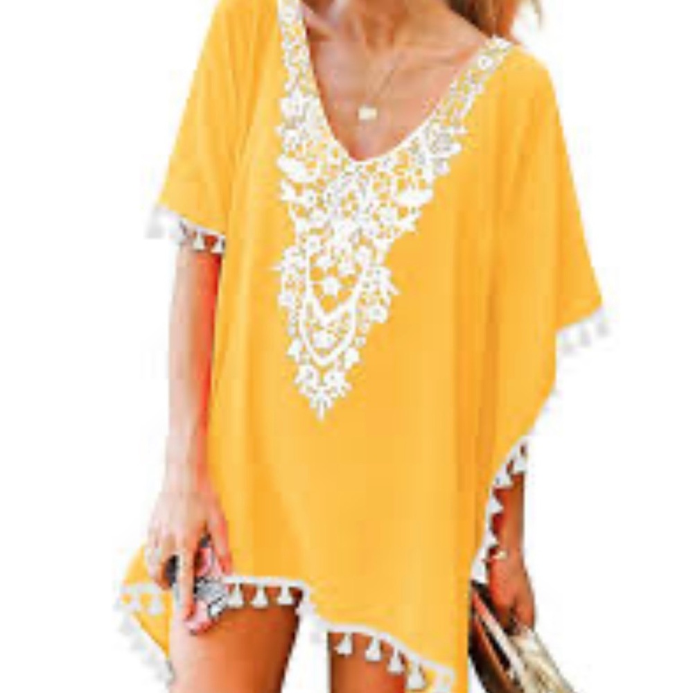 Yellow Lace Trim Swim Cover-Up Size Various